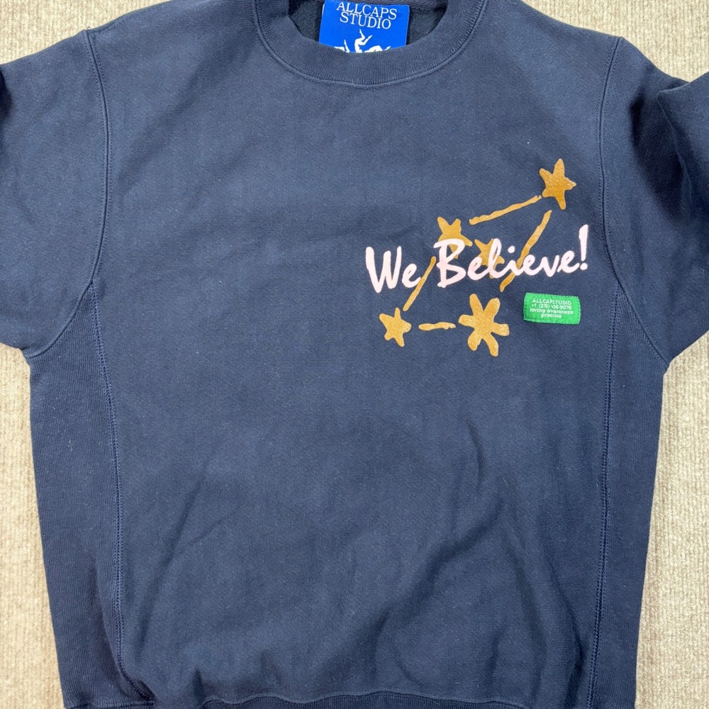 ALLCAPSTUDIO Navy We Believe Champion Crewneck Men's Size Small EUC - Picture 2 of 7